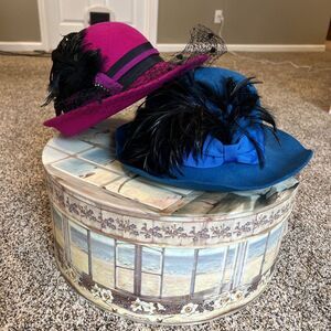 Lancaster Fedora Hats USA Derby Church Wool Feathers Lot Of 2 Blue & Pink Womens